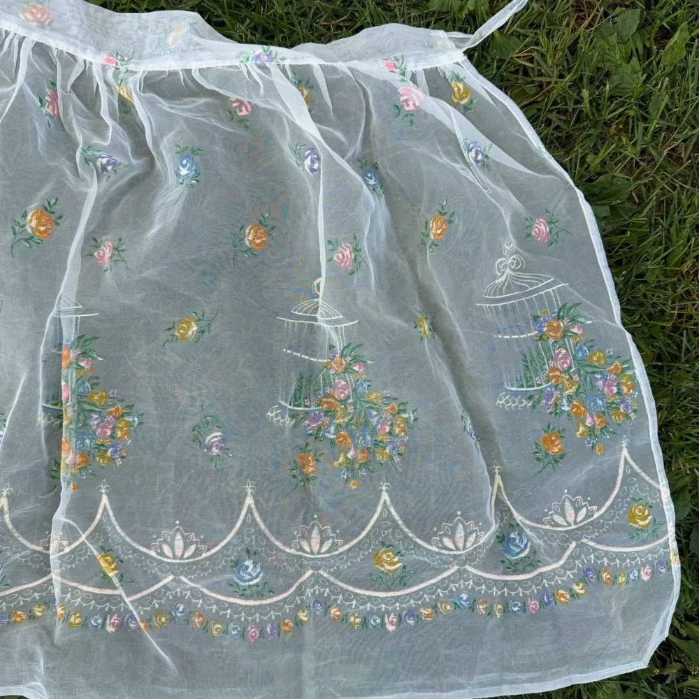 Vintage Half Apron White Sheer Floral Birdcage Scalloped Organza Retro 50s